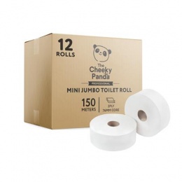 Toalettpapír, bambusz, 2 rétegű, nagytekercses, 18 cm átmérő, 150 m, 12 tekercs, CHEEKY PANDA, fehér